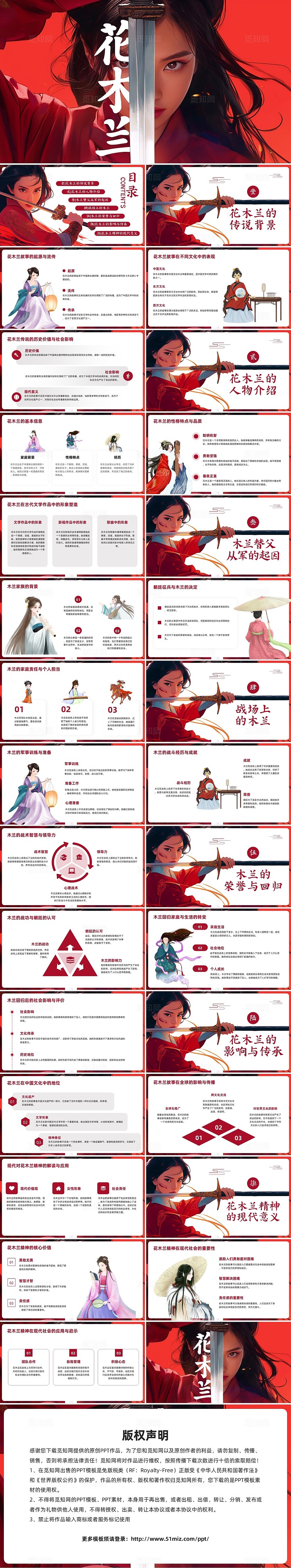 红色古风插画花木兰PPT模板宣传PPT动态PPT历史人物介绍