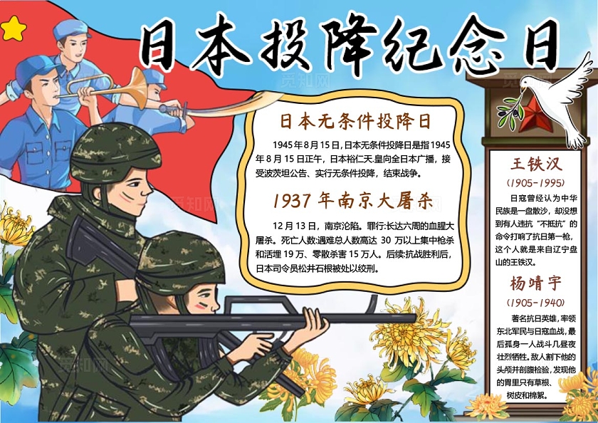 蓝天白云插画手绘日本投降纪念日小报手抄报