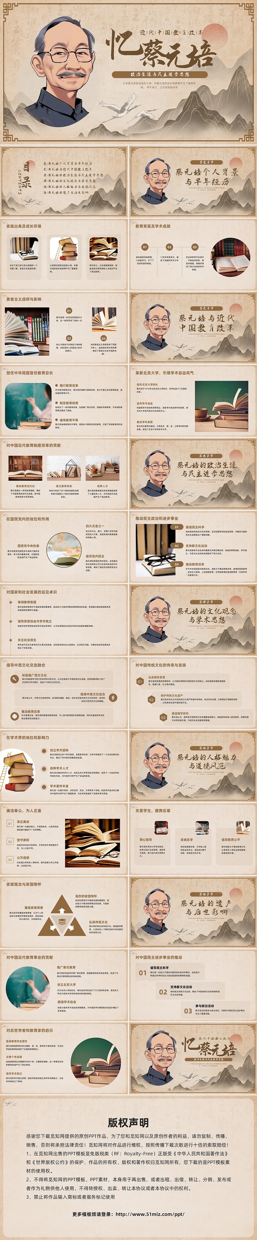 棕色古风蔡元培PPT模板宣传PPT动态PPT红色人物介绍