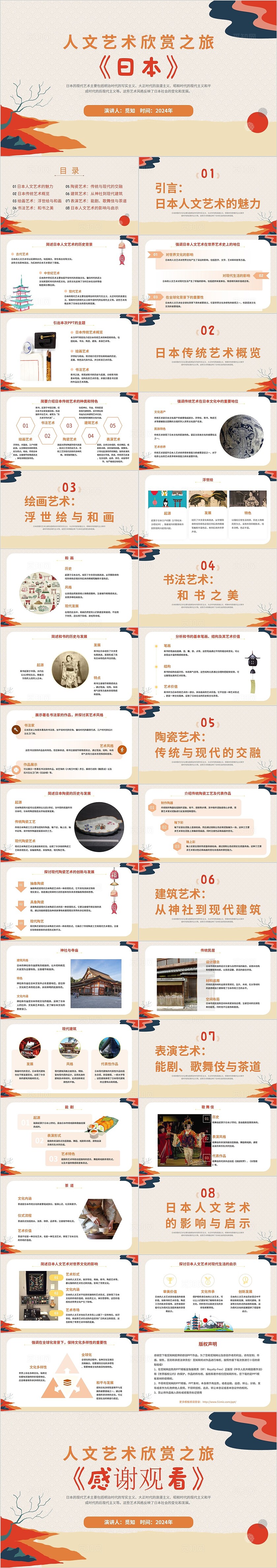 2024简约橙色元素日本人文艺术欣赏大众培训课件模板美术鉴赏