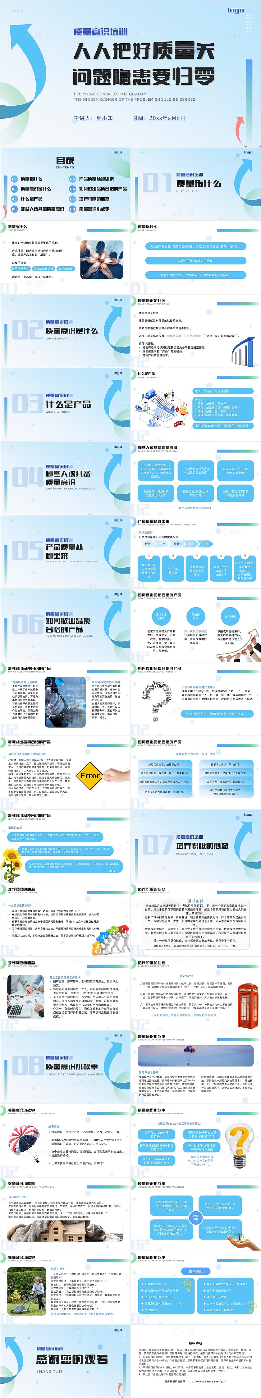 蓝色简约平滑切入式质量意识宣传教育ppt模板全国质量月