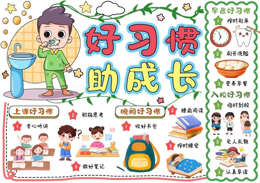 黄绿粉色卡通简约清新好习惯助成长小报手抄报开学开学第一课