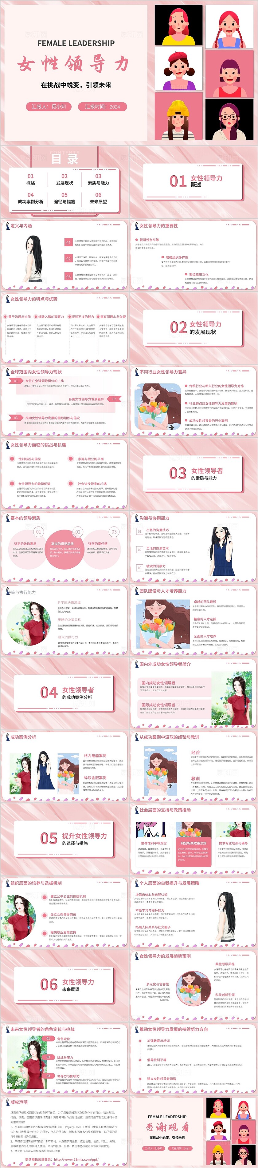 粉色个性简约女性领导力ppt模版