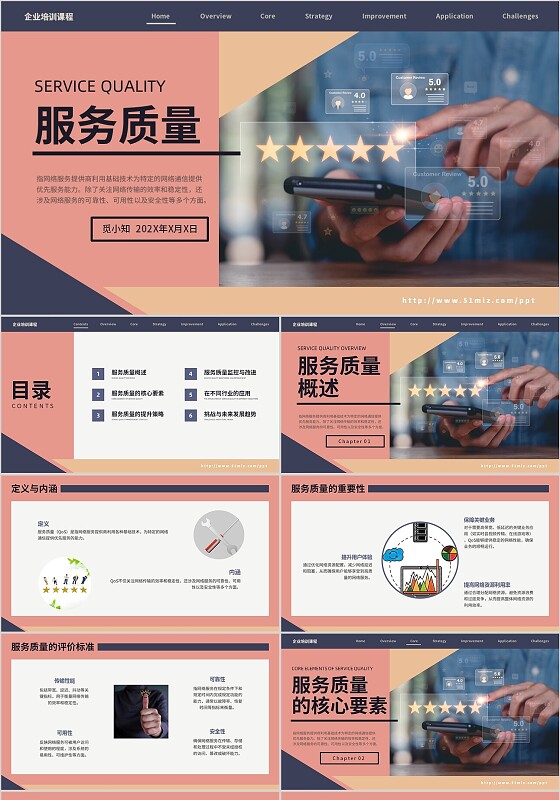 红色几何商务淡入式服务质量企业培训课程ppt模板