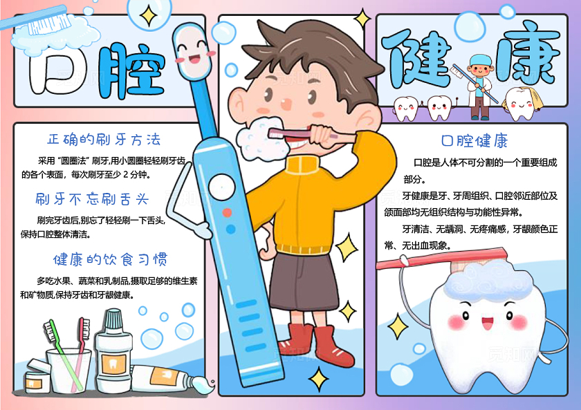 蓝色卡通手绘小清新口腔健康小报手抄报爱牙日