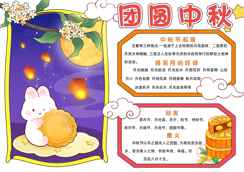 彩色卡通团圆中秋小报手抄报小学生手抄报中秋节