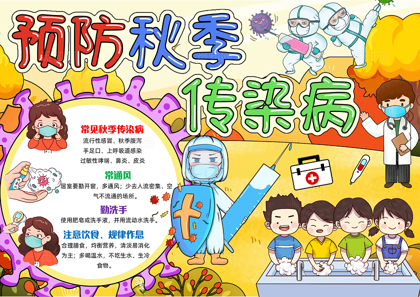 黄色手绘预防秋季传染病手绘小报手抄报小学生手抄报秋天