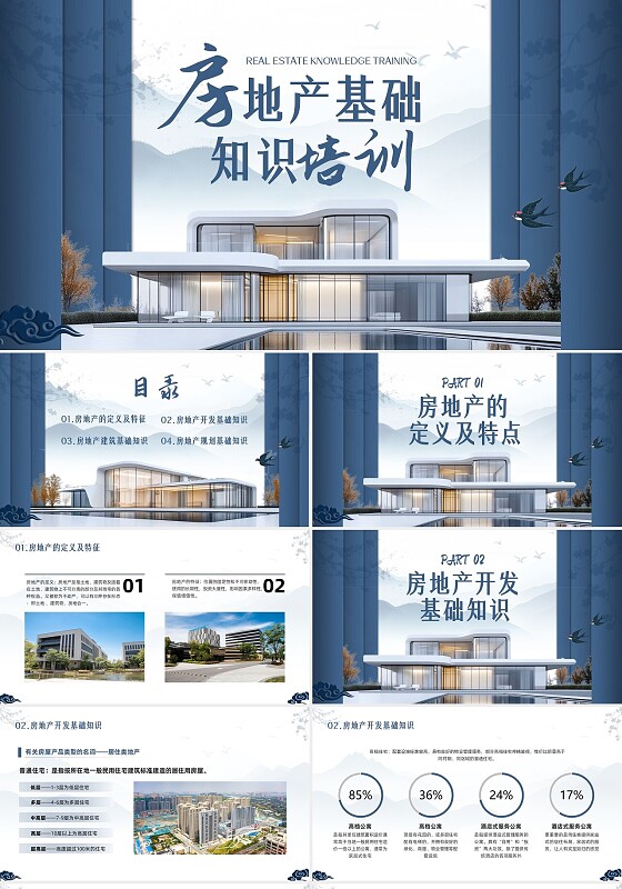 蓝色简约新中式实拍房地产PPT模板宣传PPT动态PPT