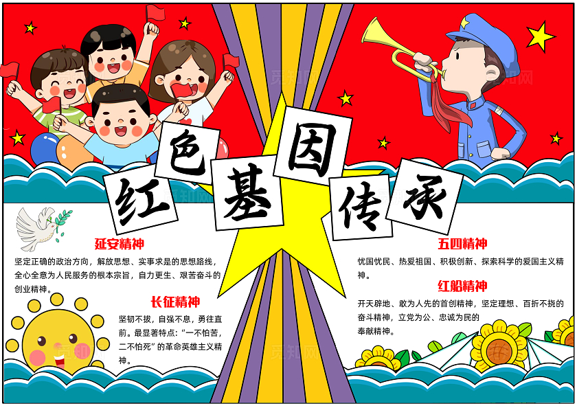 红色手绘红色基因传承手绘小报手抄报小学生手抄报国庆节