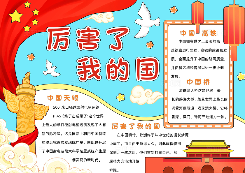 蓝色卡通厉害了我的国小报手抄报卡通小报手抄报国庆节