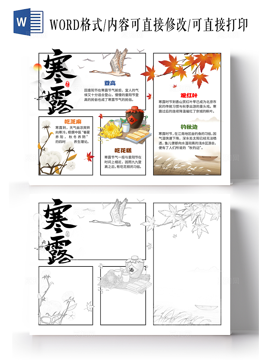 黄色简约手绘插画寒露小报手抄报二十四节气