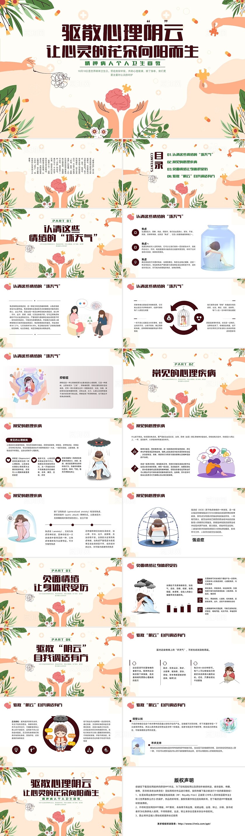 棕色插画卡通精神病人个人卫生宣教PPT模板宣传PPT动态PPT世界精神卫生日
