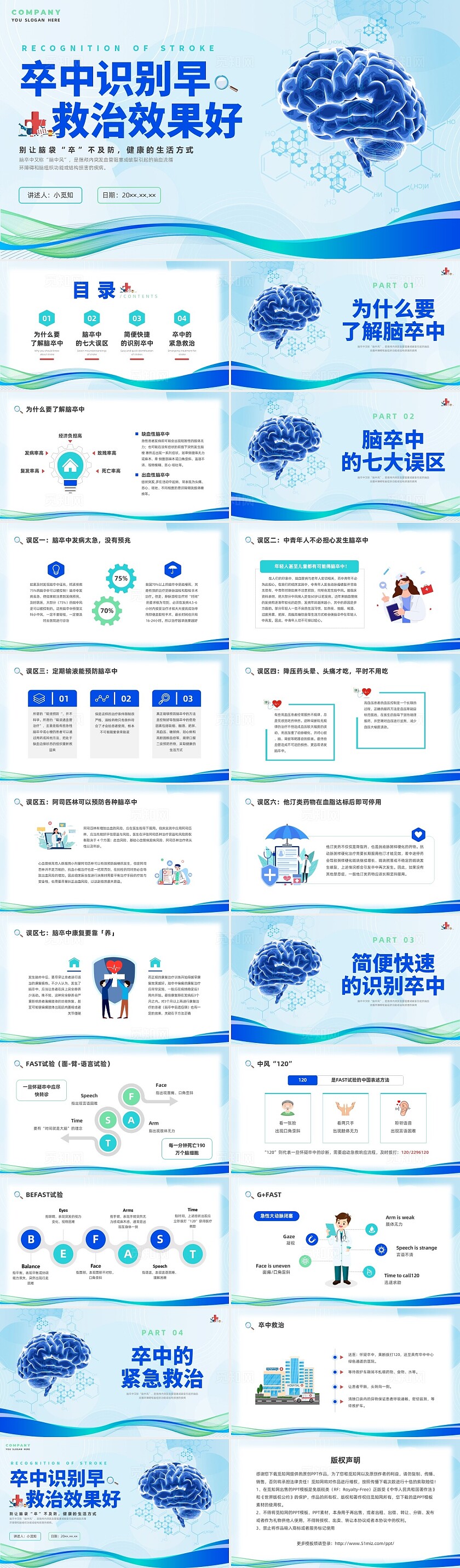 蓝色简约卒中识别医疗护理企业培训PPT课件世界卒中日