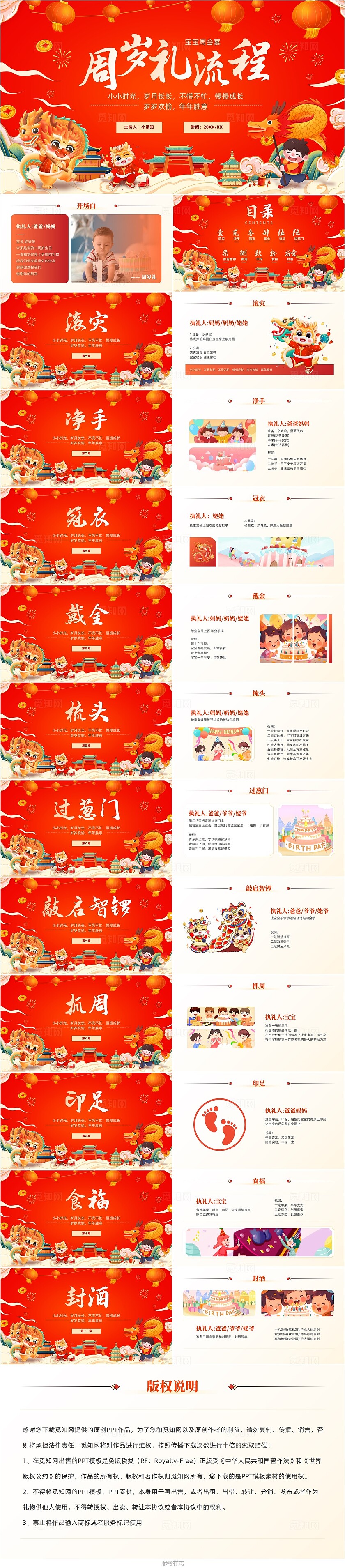 红色喜庆宝宝周岁宴生日宴会流程典礼传统利益春节风格PPT