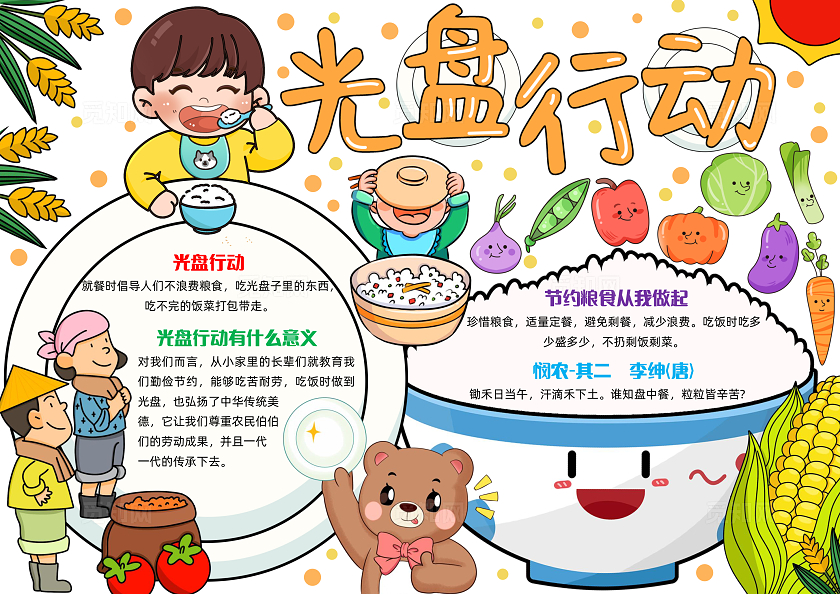 彩色手绘光盘行动手绘小报手抄报小学生手抄报世界粮食日