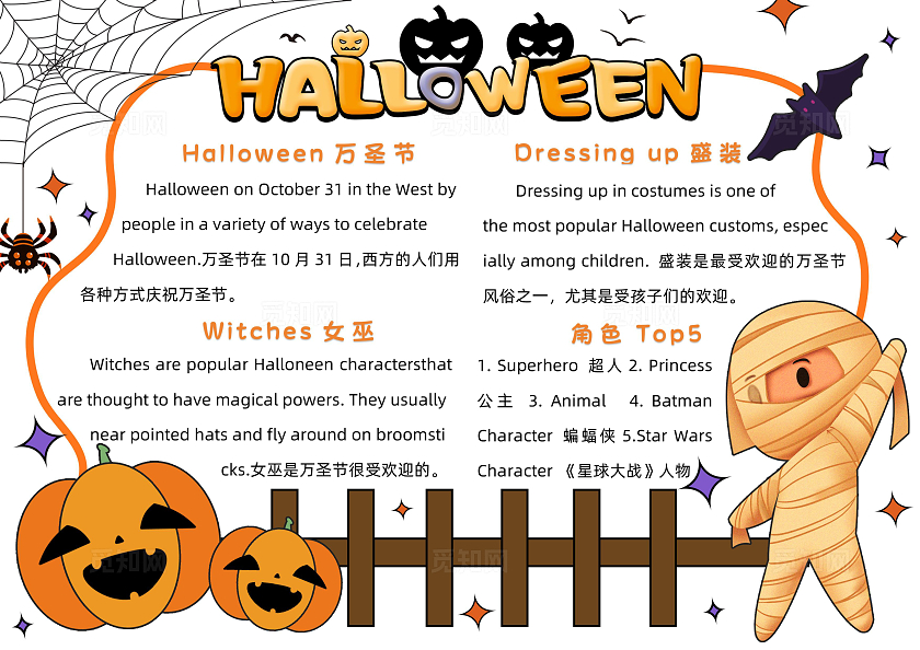 橘色卡通万圣节英语小报手抄报小学生手抄报