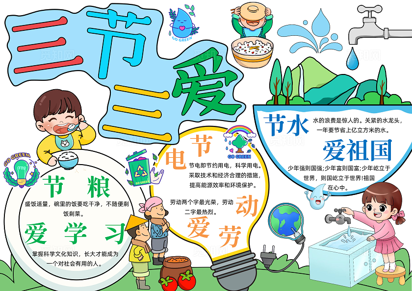 蓝色手绘简约三节三爱手绘小报手抄报小学生手抄报世界勤俭日