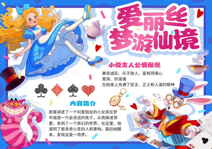 蓝色手绘爱丽丝梦游仙境爱丽丝小报手抄报读书
