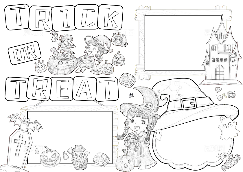 彩色手绘TRICKORTREAT不给糖就捣乱手绘小报手抄报小学生手抄报万圣节
