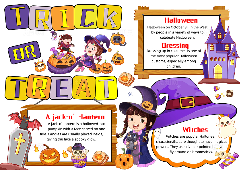 彩色手绘TRICKORTREAT不给糖就捣乱手绘小报手抄报小学生手抄报万圣节