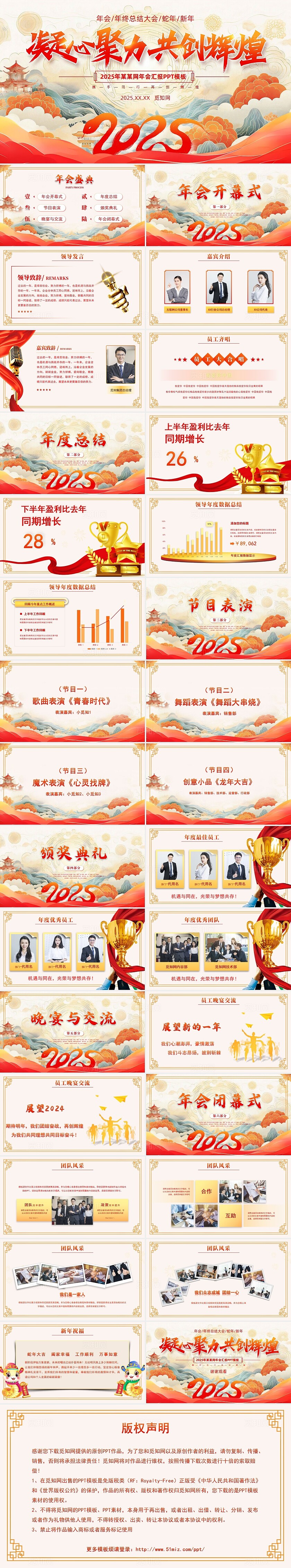 中式鎏金国潮喜庆大气年会凝心聚力共创辉煌大会新年ppt模板