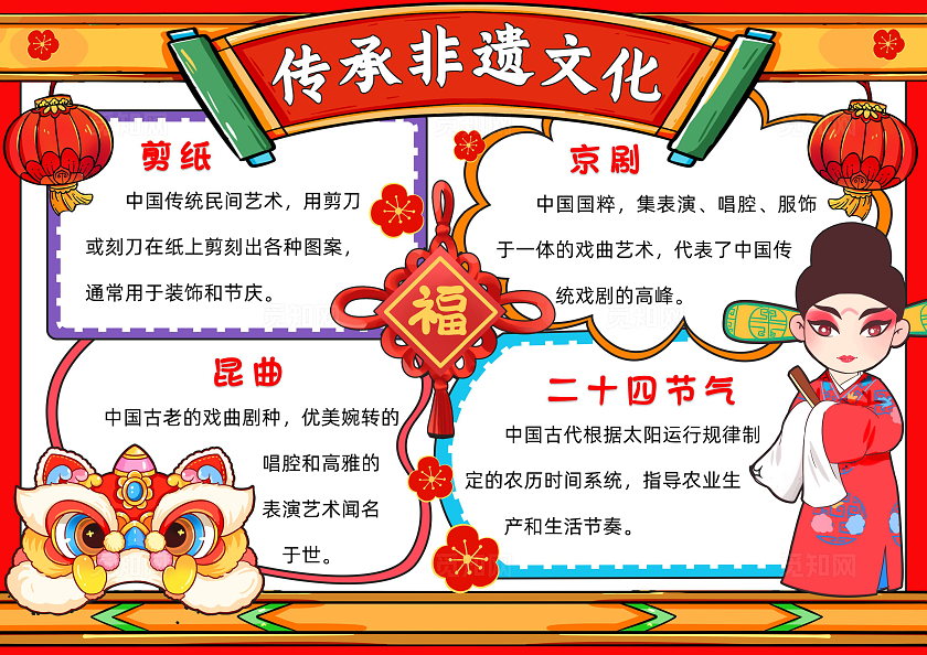 红色卡通传承非遗文化小报卡通小报手抄报