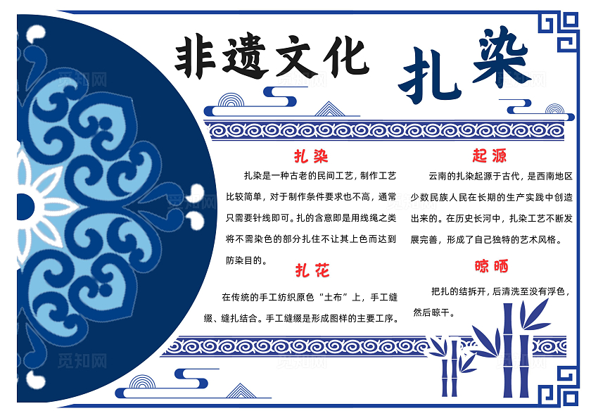 蓝色卡通非遗文化扎染小报卡通小报手抄报