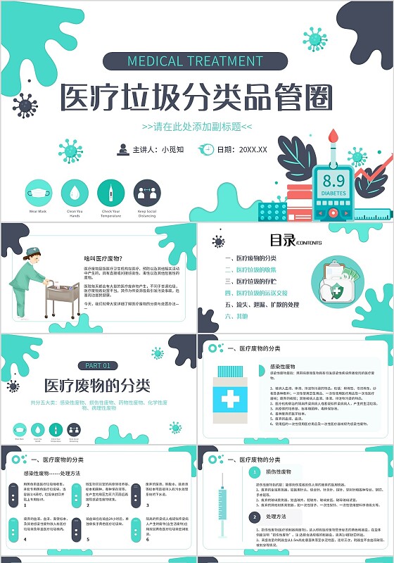 绿色简约风医疗垃圾分类管圈宣传介绍教育课件PPT模板品管圈