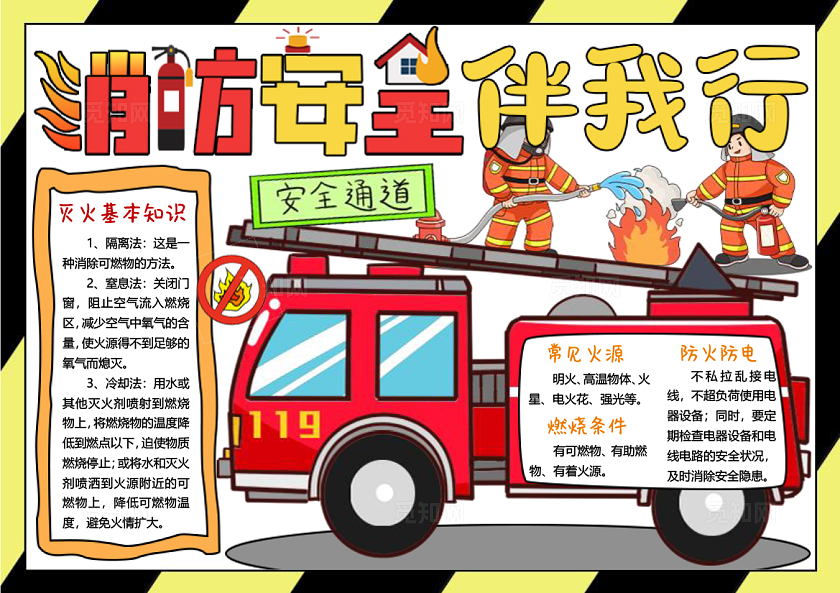 红黄色卡通手绘消防安全伴我行小报手抄报全国消防日