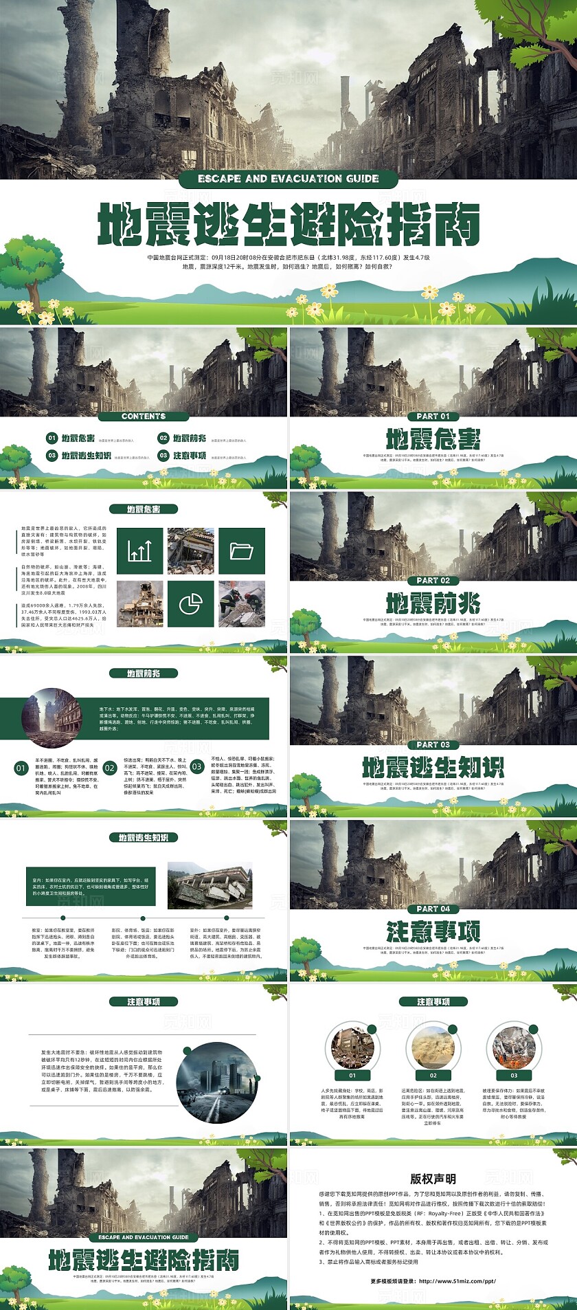 绿色简约实拍防震减灾避险灾难地震PPT模板宣传PPT动态PPT灾害