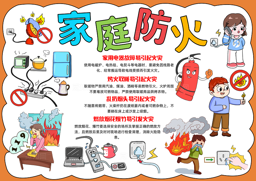 彩色手绘家庭防火手绘小报手抄报小学生手抄报全国消防日