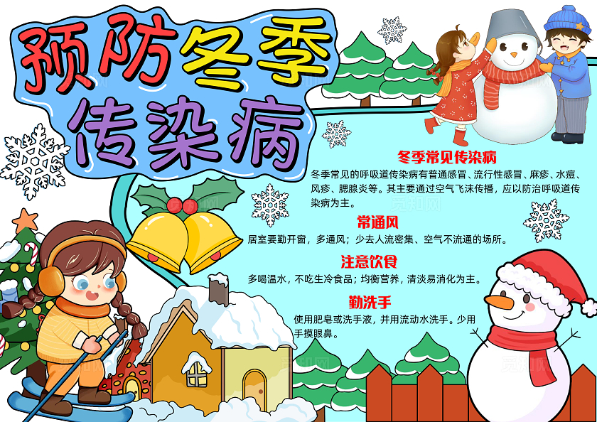 彩色手绘预防冬季传染病手绘小报手抄报小学生手抄报冬天