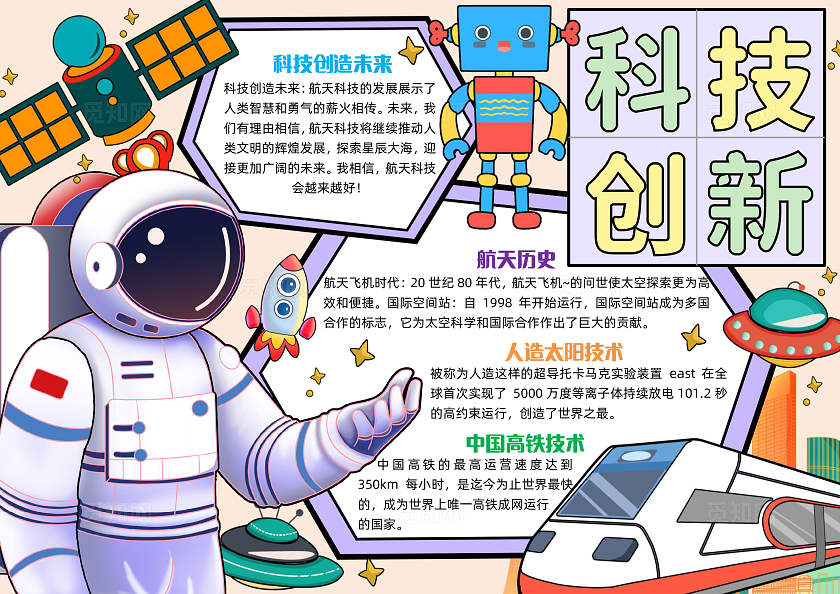 彩色手绘科技创新手绘小报手抄报小学生手抄报