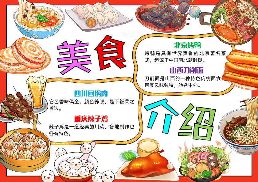 彩色手绘美食介绍手绘小报手抄报小学生手抄报