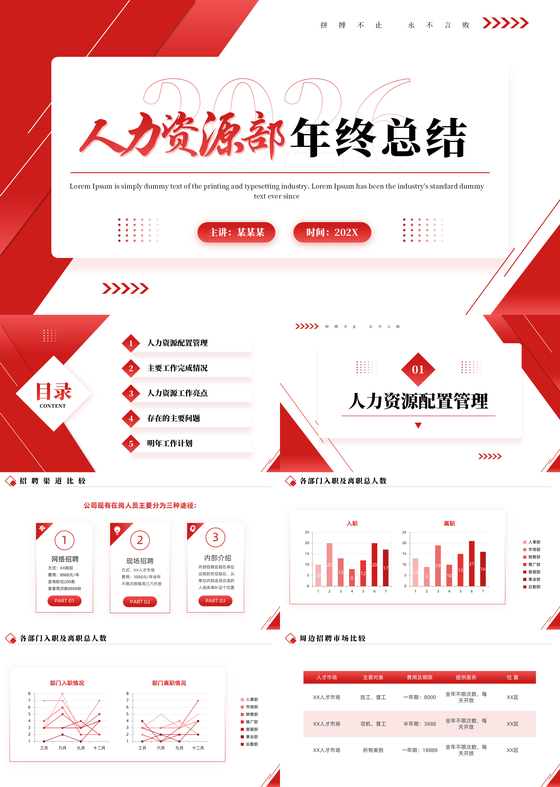 年度总结和工作计划红色简约商务风人力资源年终总结PPT模板2026