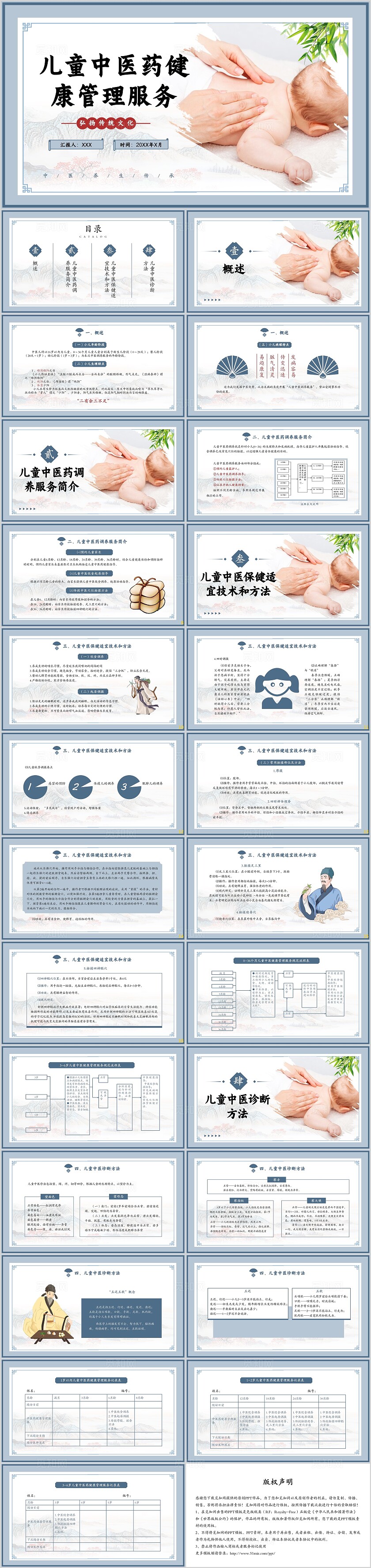 蓝色复古边框国风儿童中医药健康管理服务PPT