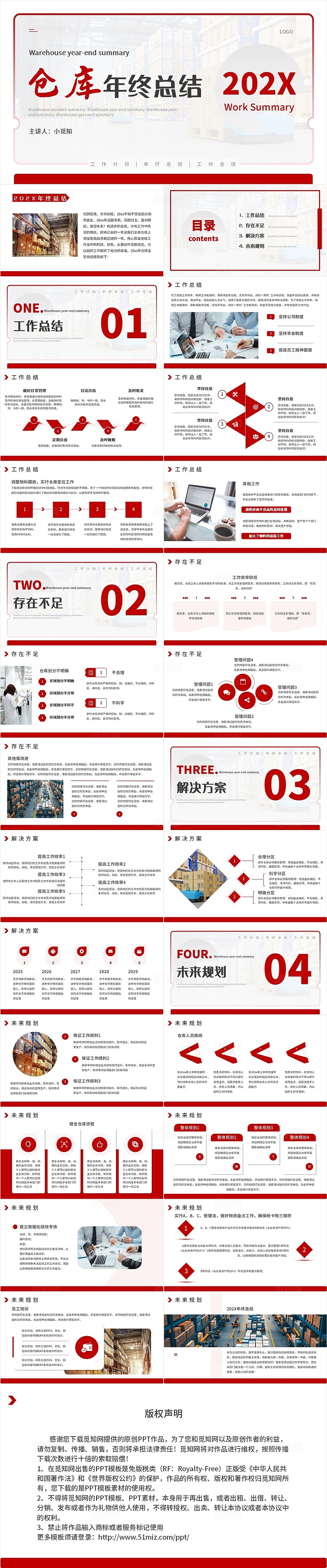 红色简约商务风仓库年终总结汇总汇报内容型PPT模板2025年终总结