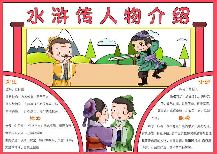 红色卡通水浒传人物介绍小报手抄报读书手抄报