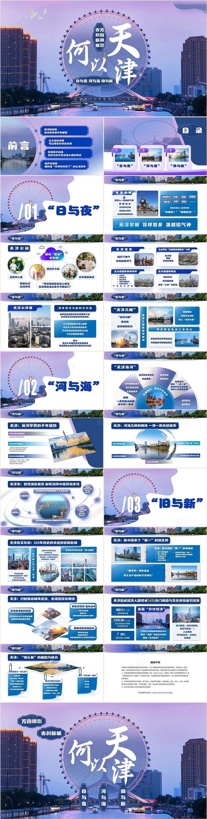 家乡介绍蓝紫色简约翻页式何以天津人文介绍ppt模板旅游