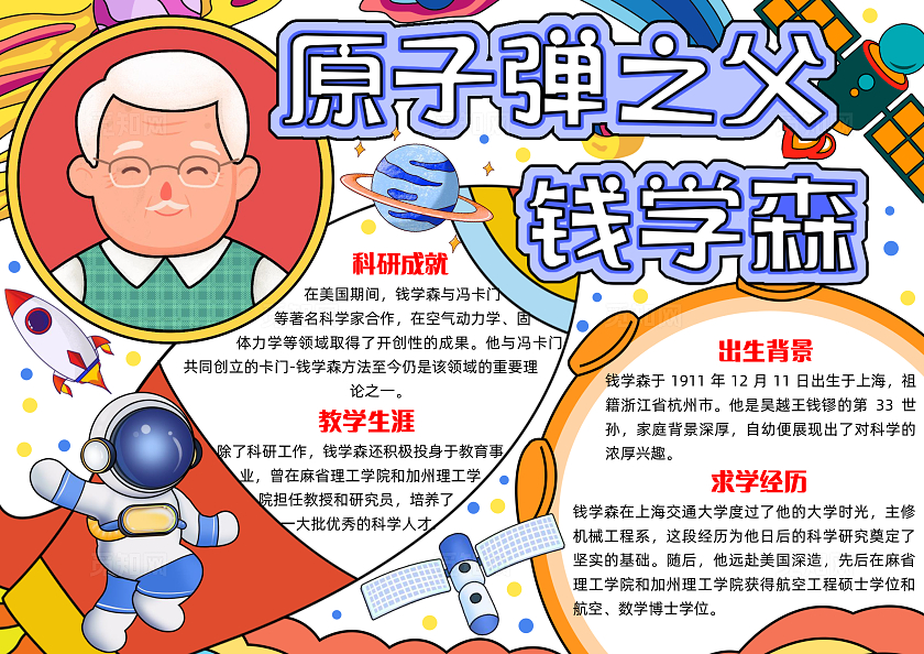 彩色手绘原子弹之父钱学森手绘小报手抄报小学生手抄报人物介绍