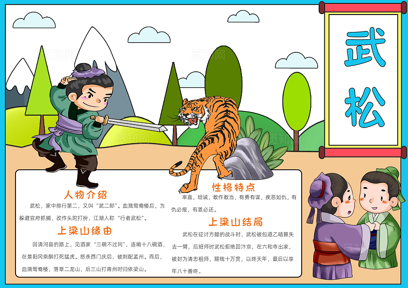 蓝色卡通武松小报手抄报读书手抄报人物介绍
