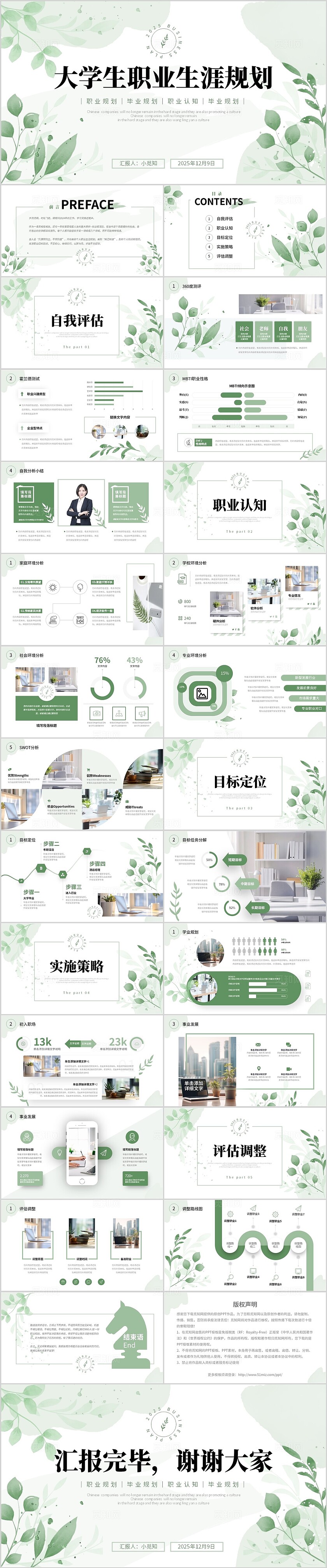 绿色清新水彩风大学生职业生涯规划PPT职业规划