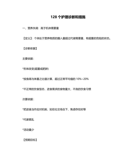 最新版128个护理诊断及措施