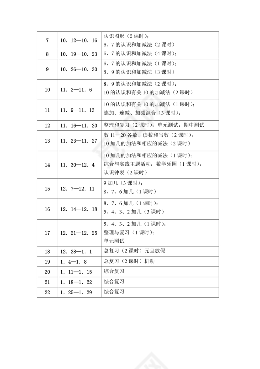 人教版数学一年级上册教学计划