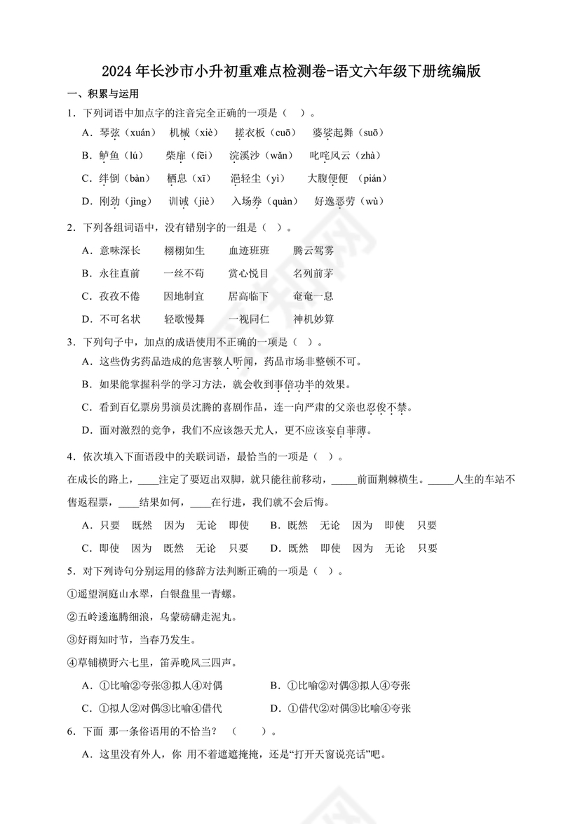 长沙市2024小升初试卷