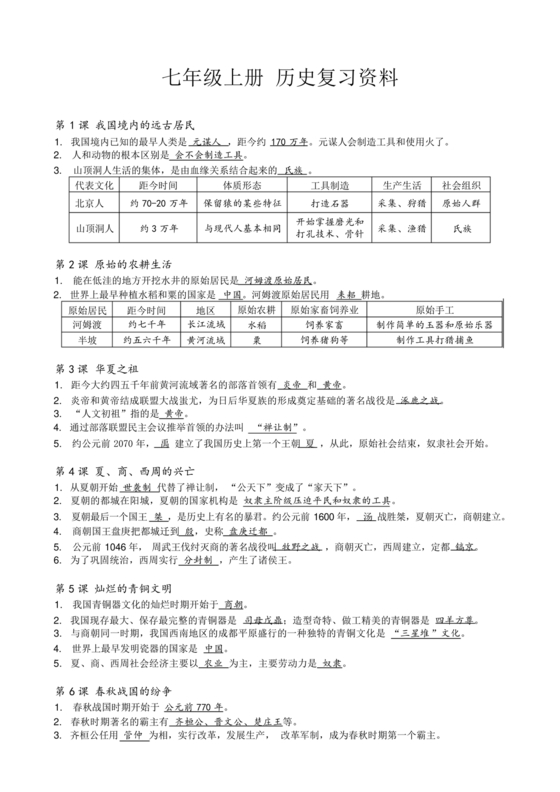 七年级上册历史复习资料