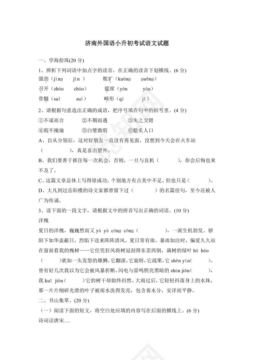 济南外国语小升初考试题