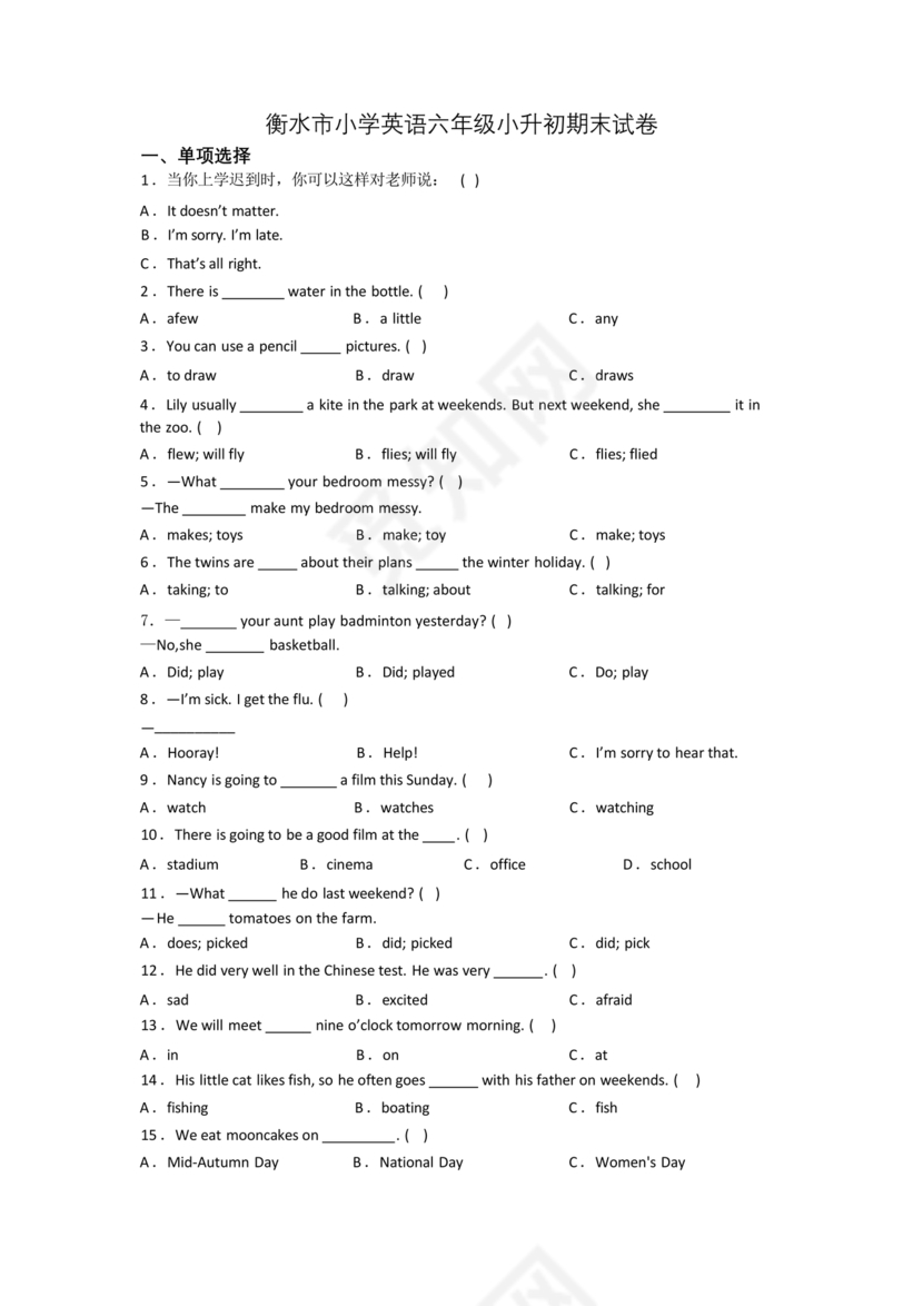 衡水小升初试卷