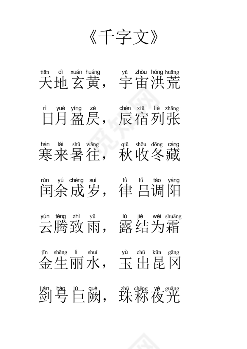 千字文全文带拼音
