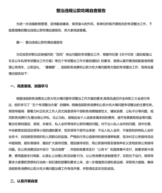 违规吃喝专项整治自查报告